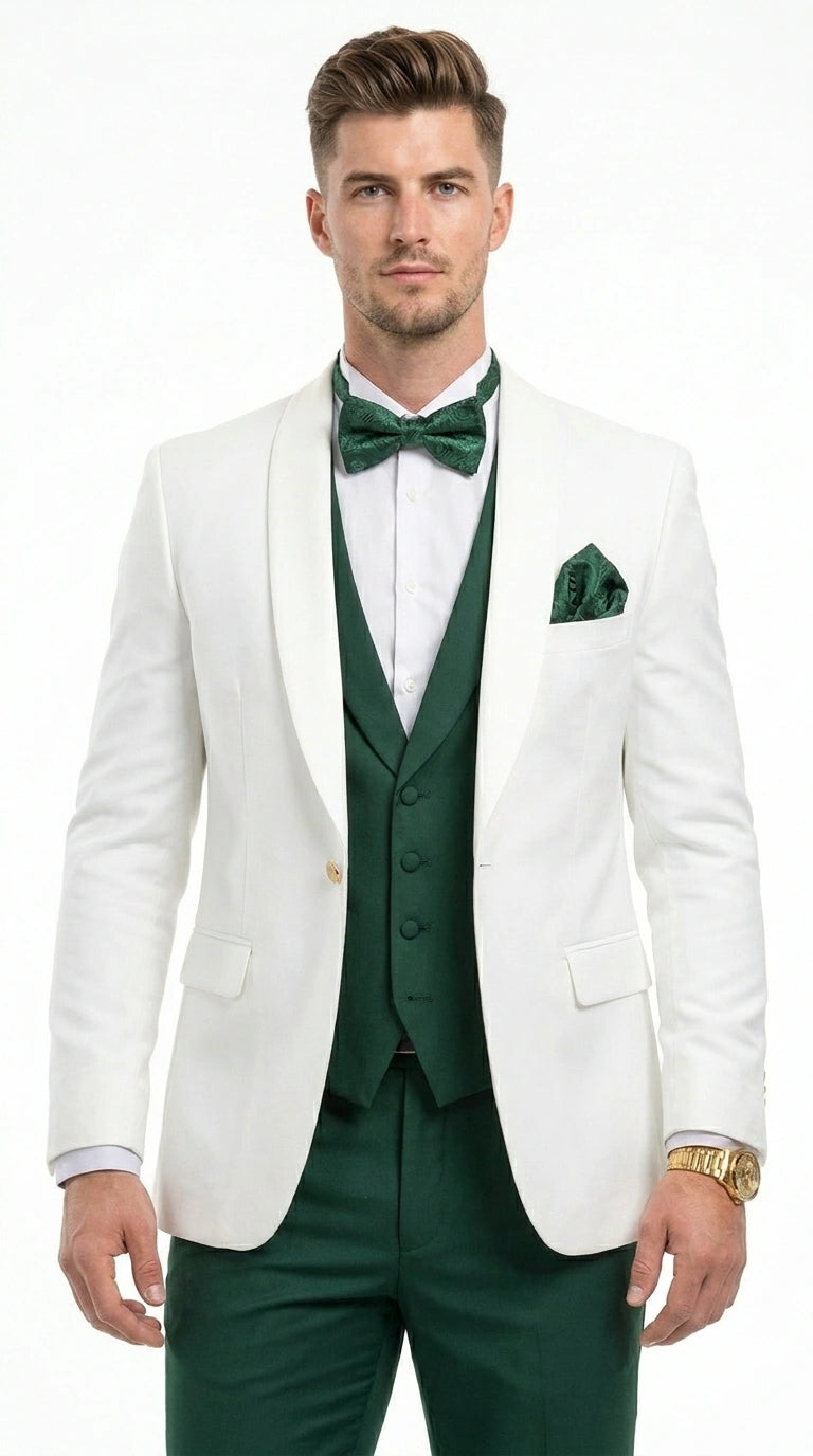 Men’s White and Hunter Green 3 Piece Suit – Elegant Formal Suit with Vest, Wedding Tuxedo Suit for Prom and Party Wear - 34 Short or Extra Small