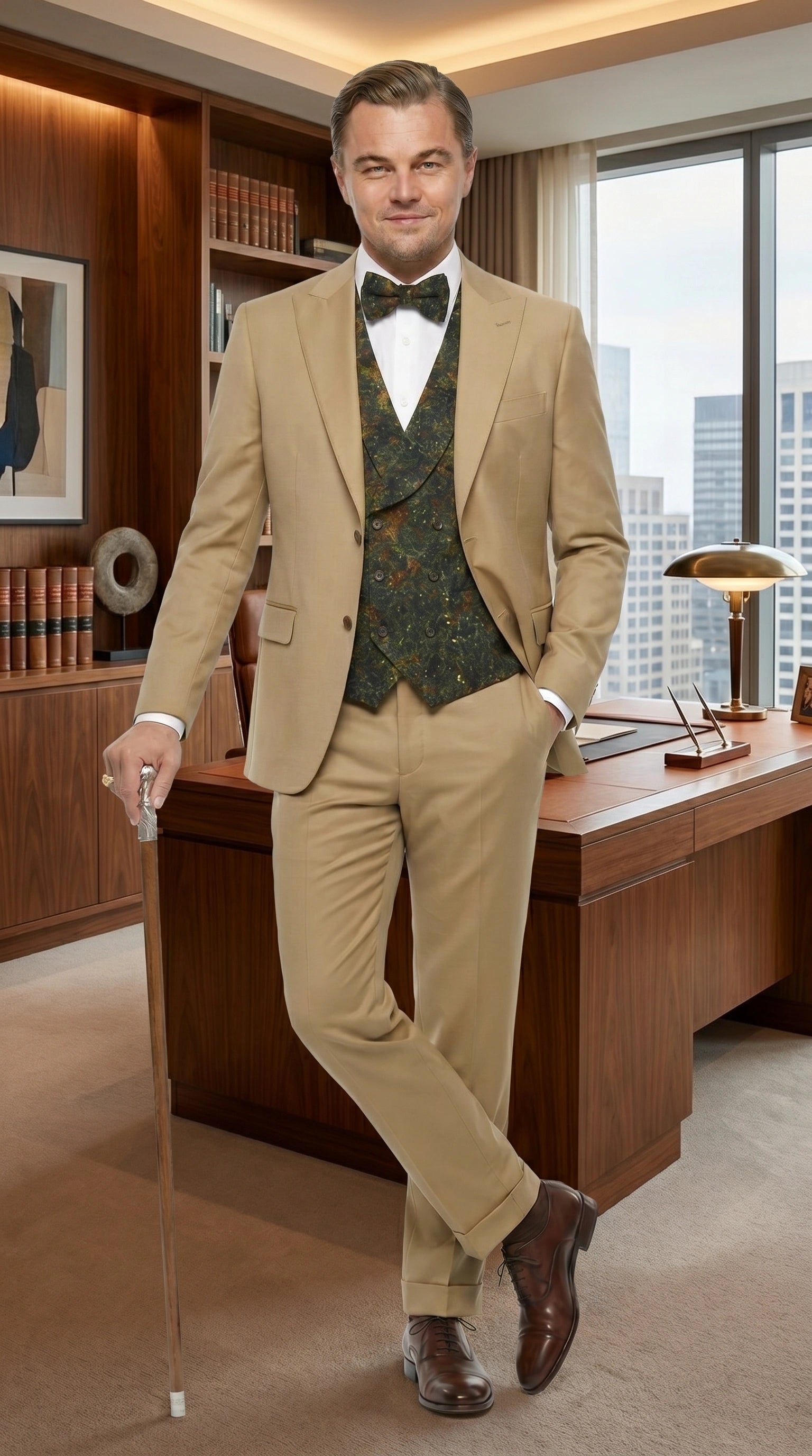 Men’s Khaki 3 Piece Suit with Patterned Vest, Great Gatsby Inspired Formal Suit for Weddings, Mardi Gra in Tan Camel Color - 34 Short or Extra Small