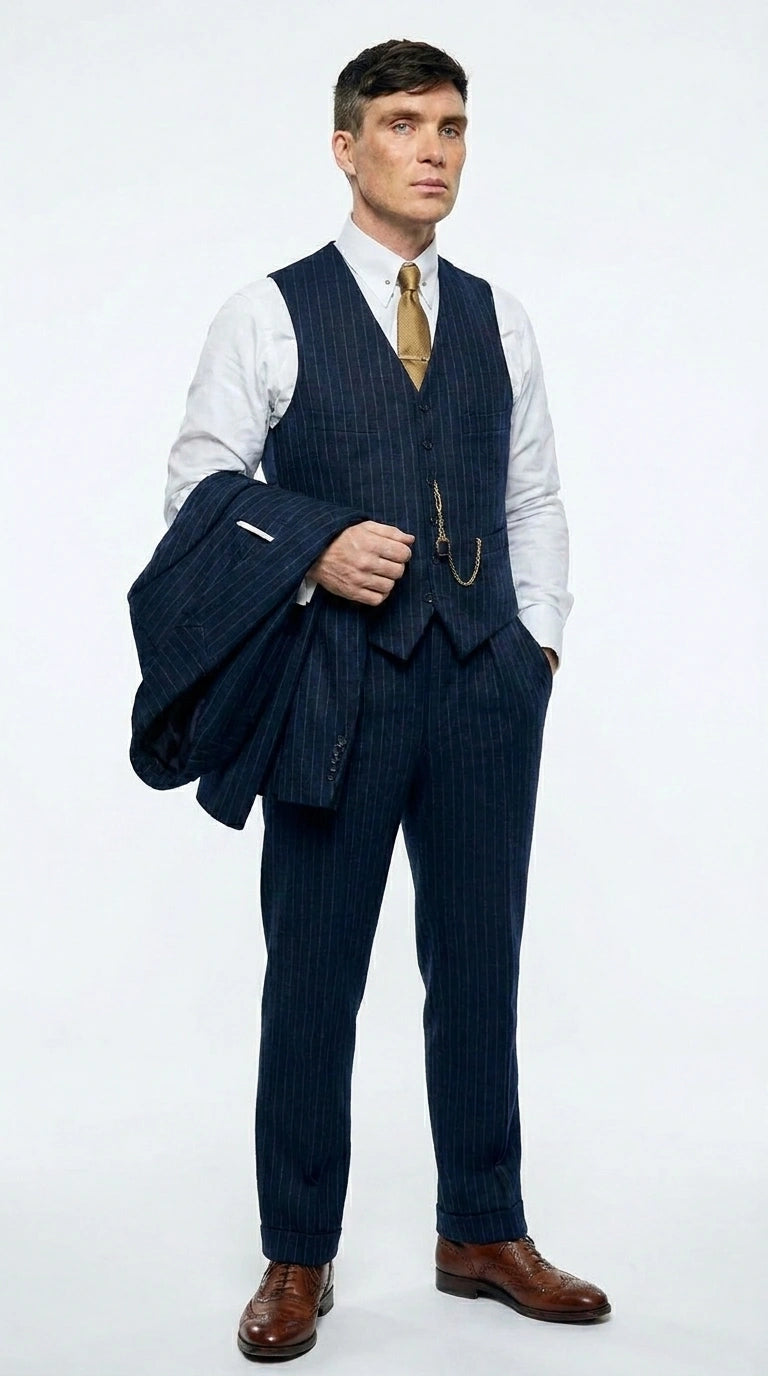 Men’s Navy Blue Pinstripe 3 Piece Suit, Thomas Shelby Inspired Vintage Formal Suit for Weddings, Parties, Prom, and Special Events - 34 Short or Extra Small