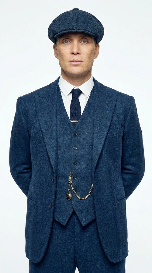 Men’s Blue 3 Piece Suit, Thomas Shelby Inspired Vintage Formal Suit Herringbone Tweed 1920s fabric