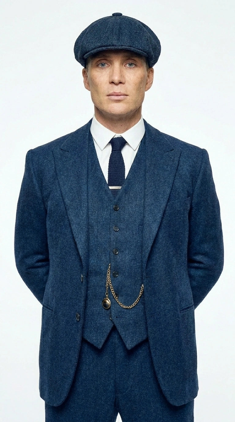 Men’s Blue 3 Piece Suit, Thomas Shelby Inspired Vintage Formal Suit Herringbone Tweed 1920s fabric - 34 Short or Extra Small