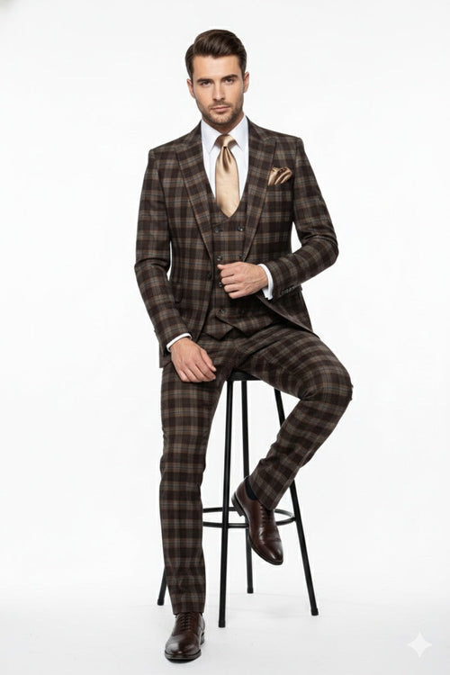 Mens Brown Plaid Windowpane Three-Piece Suit Set Classic Slim Fit Jacket, Double-Breasted Vest and Modern Fit Pants  By Rossiman
