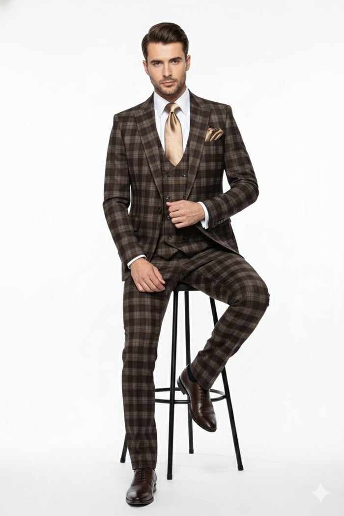 Mens Brown Plaid Windowpane Three-Piece Suit Set Classic Slim Fit Jacket, Double-Breasted Vest and Modern Fit Pants  By Rossiman