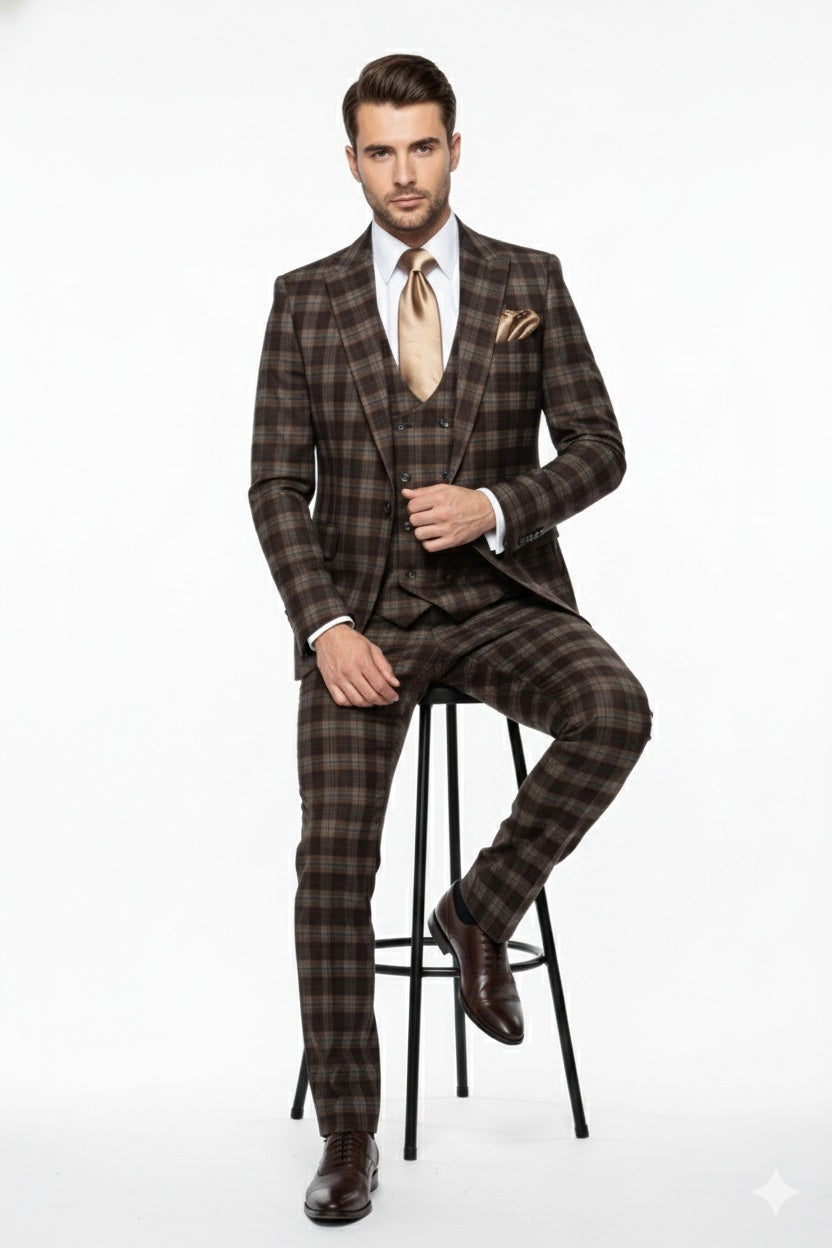 Mens Brown Plaid Windowpane Three-Piece Suit Set Classic Slim Fit Jacket, Double-Breasted Vest and Modern Fit Pants  By Rossiman