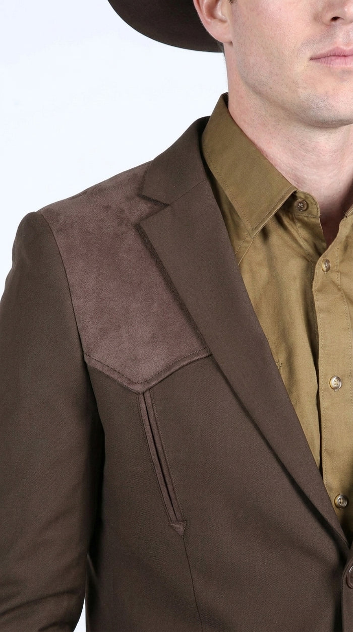 Men’s Dark Brown Western Blazer with Suede Yoke – Cowboy Sport Coat with Western Shoulder Details