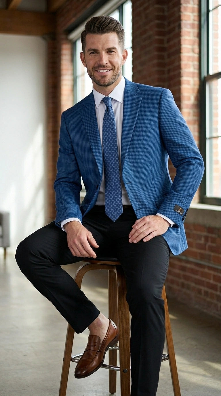 Men’s Blue Houndstooth Blazer Jacket, Check Pattern Formal Sport Coat for Weddings, Prom, Parties, and Special Occasions - 36 Short