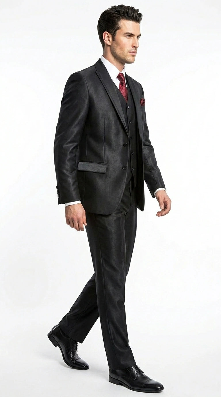 Men’s Black Shiny 3 Piece Tuxedo Groom Suit, Formal Vest Suit for Weddings, Prom, Black Tie Events, Black Lapel - 34 Short or Extra Small