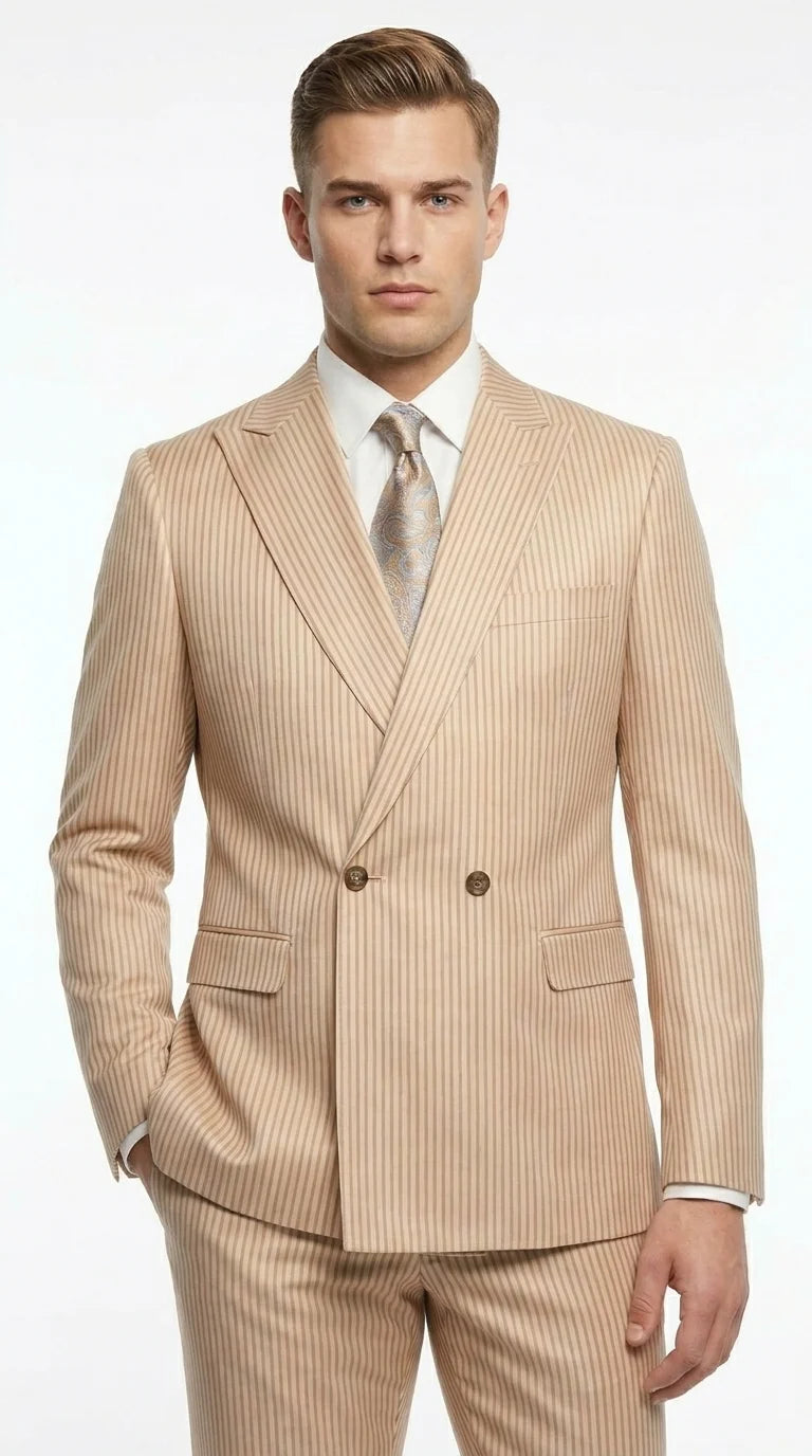 Vitali Men’s Tone on Tone Beige Pinstripe 2 Piece Suit, Double Breasted Summer Dress Suit for Weddings, Tan Beige Shadow Pinstripe - 34 Short or Extra Small