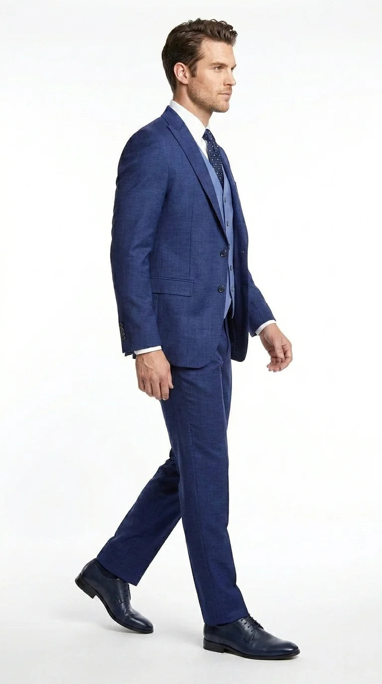 Vitali Men’s Navy Blue 3 Piece Suit with Light Blue Vest, Textured Formal Dress Suit for Weddings, Prom, Business Events, and Parties - 34 Short or Extra Small