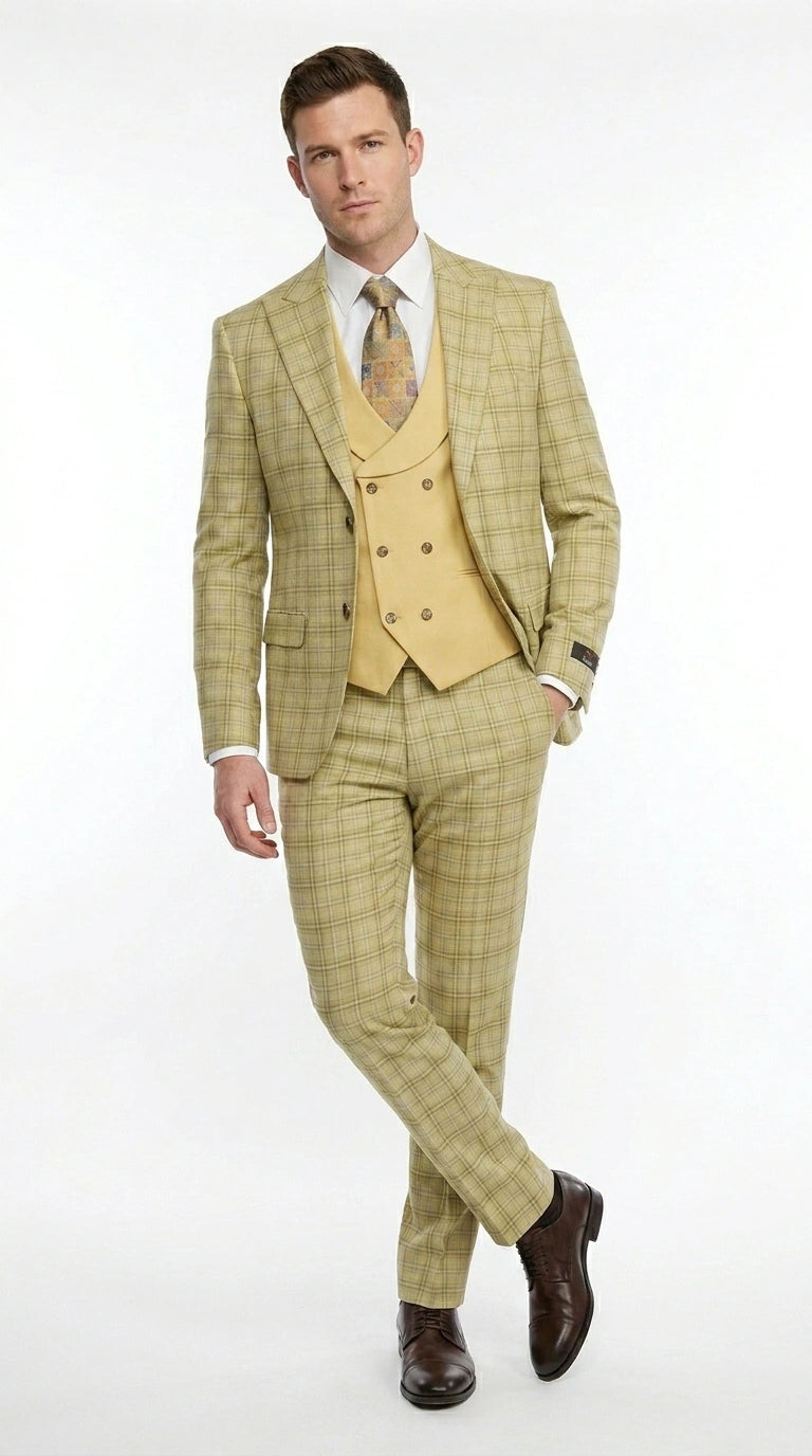 Vitali Men’s Sage Beige Tan Plaid 3 Piece Suit, Check Pattern Formal Dress Suit for Weddings, Prom, Business Events, Modern Fit Light Yellow Color - 34 Short or Extra Small
