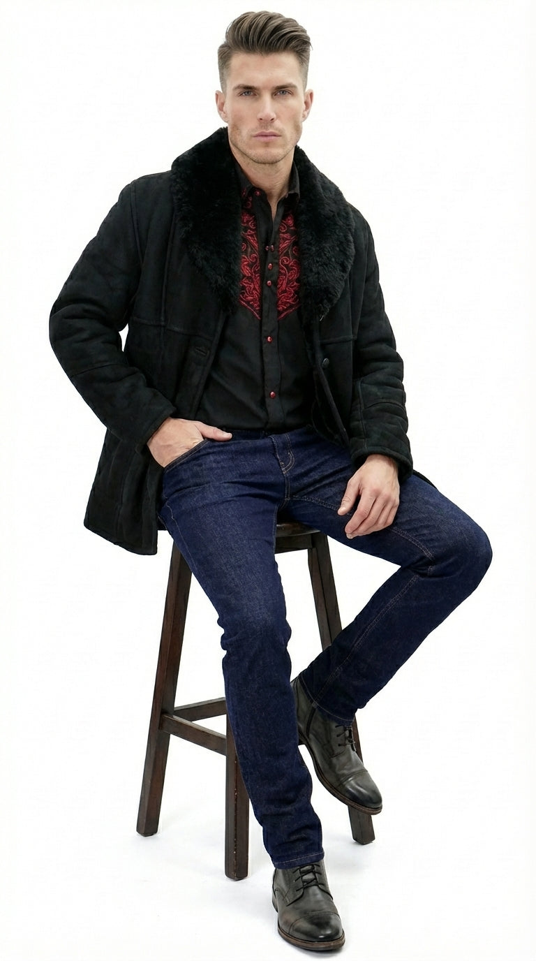 Men’s Black Sheepskin Leather Jacket Cowboy – Warm Faux Fur Collar Coat, Winter Long Jacket, Casual Western Style Outerwear - S