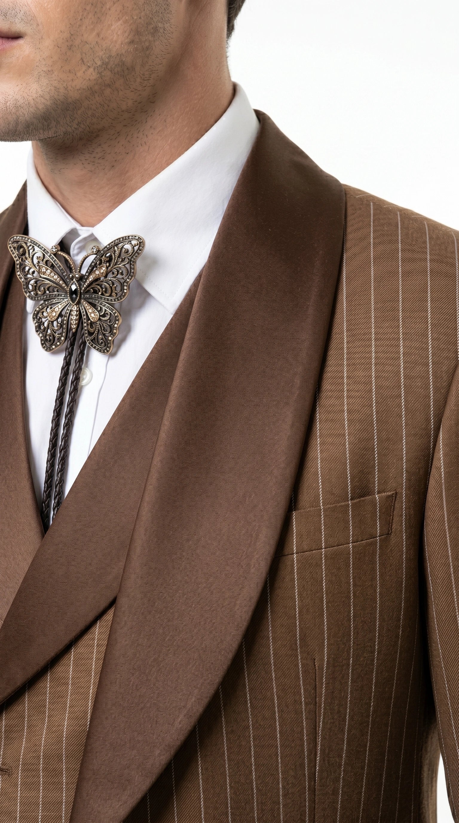 Men’s Brown Pinstripe Western Cowboy Tuxedo, Contrast Shawl Lapel Formal Suit for Weddings, Prom, Parties, and Special Occasions - 34 Short or Extra Small
