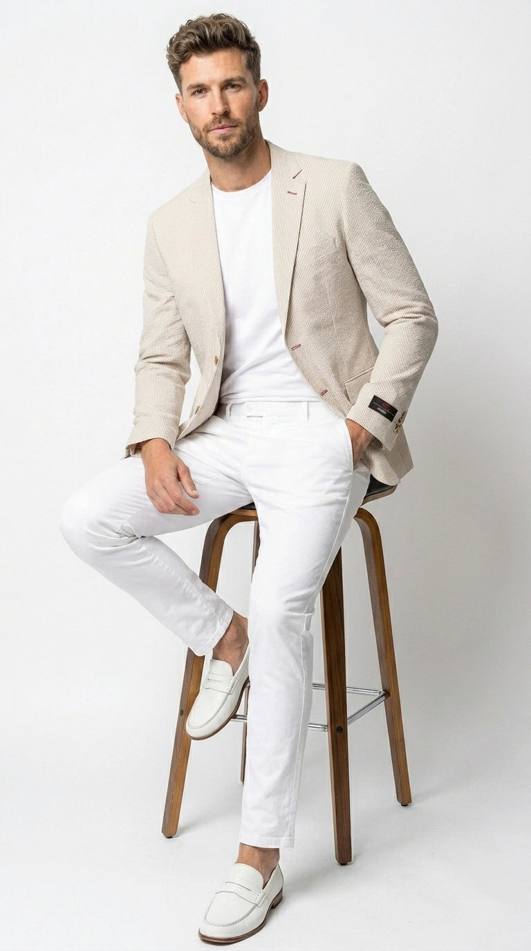 Men’s Beige Seersucker Summer Blazer, Lightweight Striped Sport Coat for Weddings, Parties, Beach Events in Tan Color - 36 Short