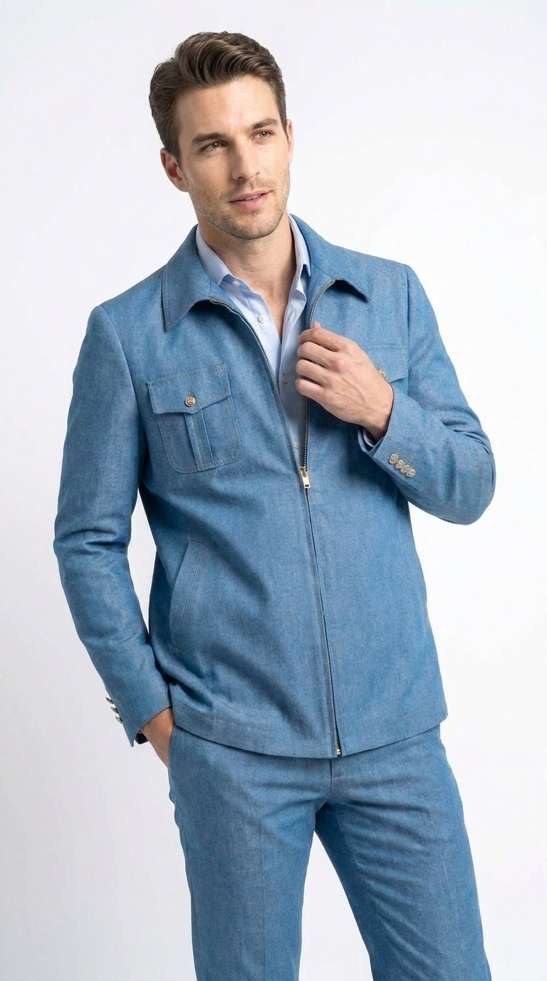 Men’s Light Blue Walking Suit – 2 Piece Casual Leisure Set with Zip Front Jacket Denim Style - Small