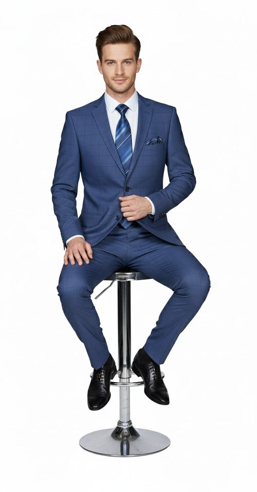 Mens Indigo Navy Blue Windowpane Check Suit Classic 2-Piece Formal Business and Wedding Wear Set in Cobalt Blue