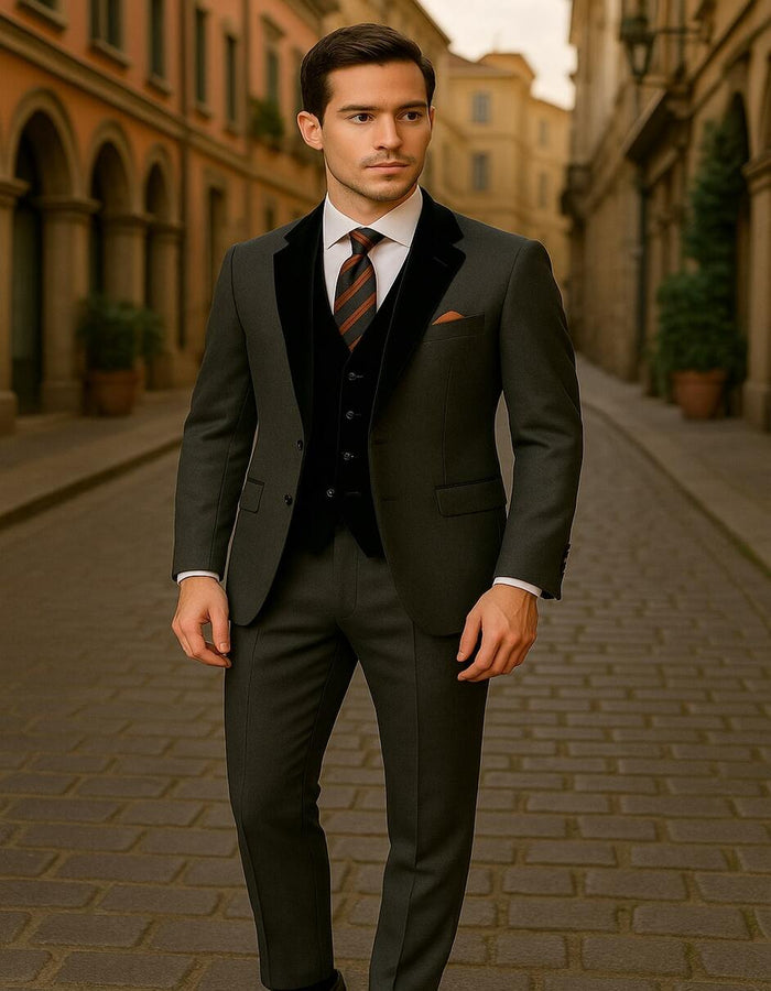 Men's Charcoal Gray 3-Piece Suit with Black Velvet Lapel â€“ Formal Business and Wedding Attire - Gray Tuxedo