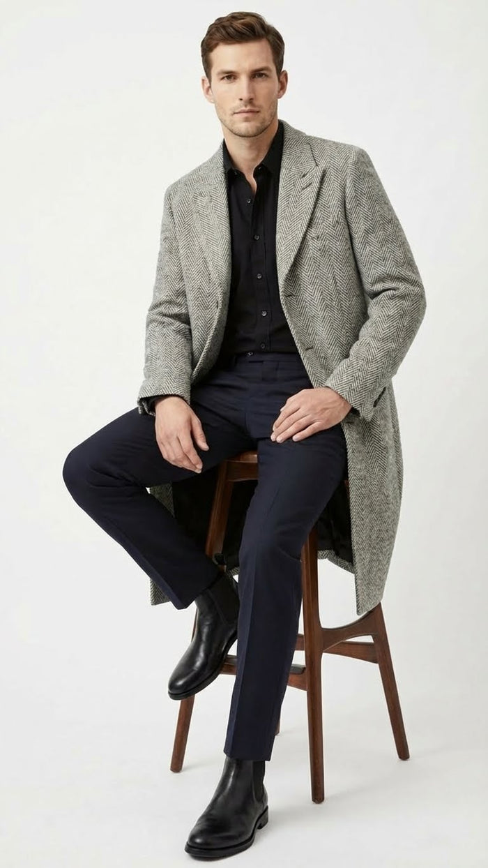 Mens Grey Herringbone Long Overcoat Tweed Black and White Pattern Wool Topcoat Three Qaurter