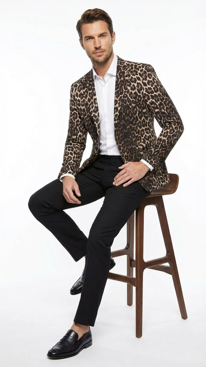 Mens Leopard Print Blazer Slim Fit Statement Jacket for Evening, Party, and Fashion Wear
