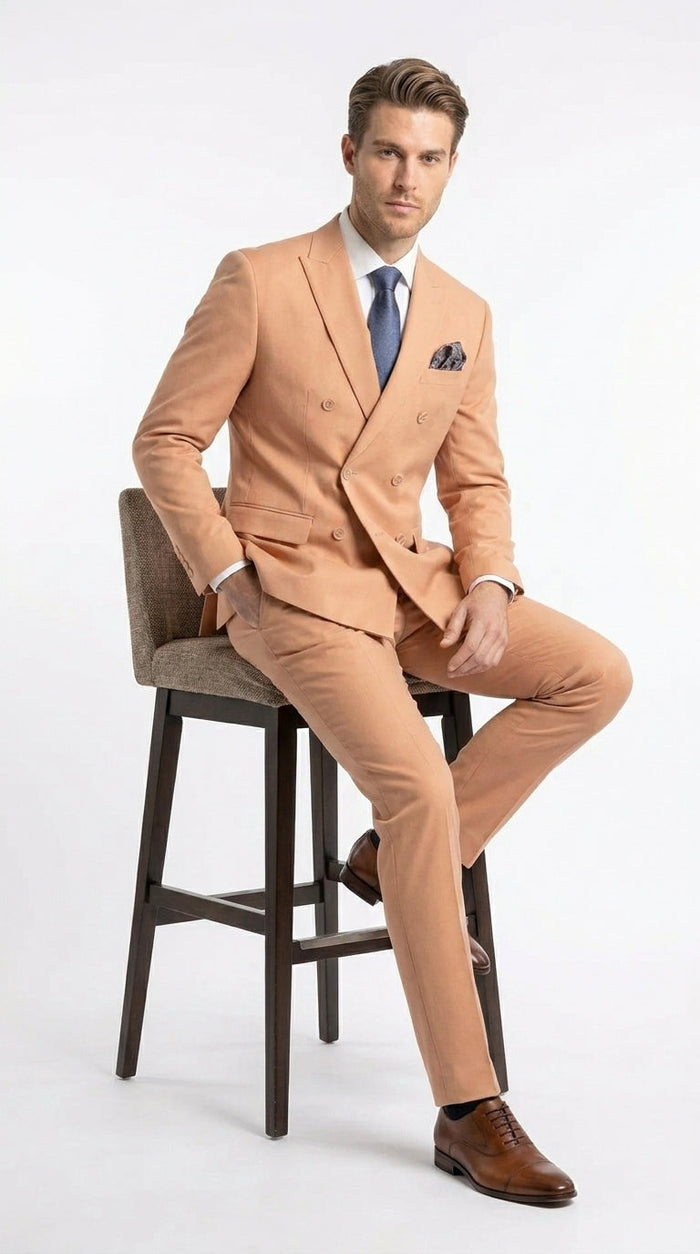 Men’s Peach Double Breasted Suit – Wedding & Prom Formal Suit Set, Classic Blazer and Pants Slim Fitted