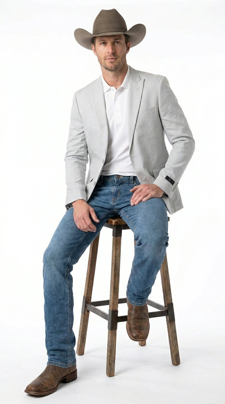 Men’s Very Light Grey - Linen Western Cowboy Blazer, Formal Sport Coat for Weddings, Parties, Country Events, and Casual Dress Wear in Ice Ash Color - 36 Short