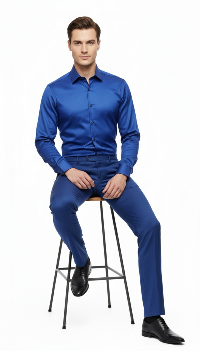 Mens Royal Blue Satin Dress Shirt Luxury Long Sleeve Formal Shirt for Parties, Weddings, and Business Wear