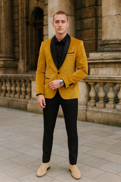 Mens Mustard Gold Velvet Tuxedo Jacket Slim Fit Dinner Blazer with Black Satin Shawl Lapel + Free Black Pants & Bowtie