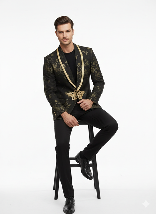 Mens Black and Gold Embroidered Luxury Blazer Designer Floral Pattern Wedding & Party Jacket (Sim534)