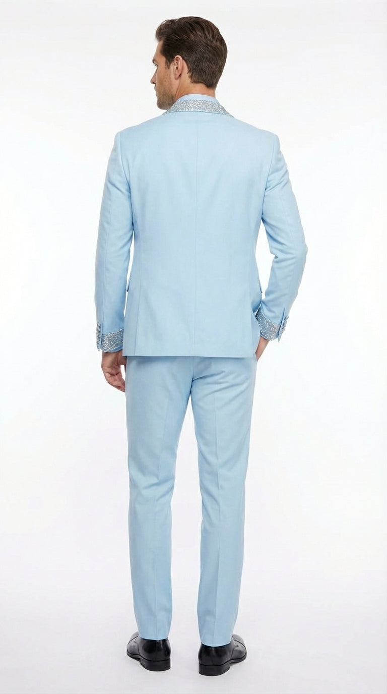 Men’s Light Blue Suit with Silver Glitter Lapel – Light Blue Formal Tuxedo Suit for Prom, Wedding and Special Occasion Wear in Sky Baby Blue - 34 Short or Extra Small
