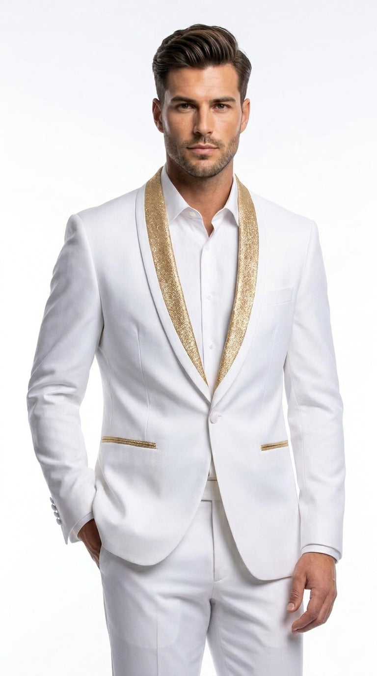 Men’s White and Gold Lapel 2-Piece Tuxedo Suit with Gold Glitter Shawl Lapel – Wedding, Prom and Dinner Jacket - 34 Short or Extra Small