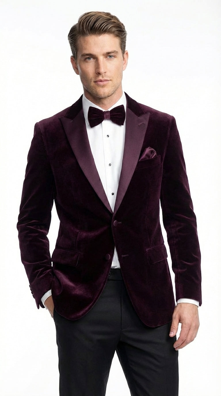 Mens Plum Eggplant Velvet Blazer Jacket – Luxury Velvet Dinner Jacket for Wedding, Tuxedo Events, Formal Parties in Burgundy Color - 36 Short