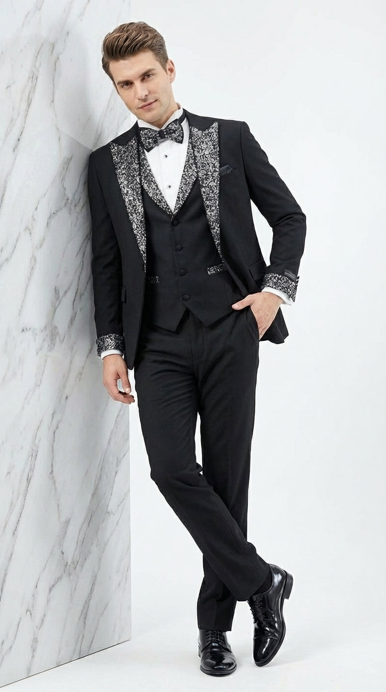 Mens Black and White Lapel Tuxedo Suit – Black Formal Tuxedo with White Pattern Lapel for Wedding, Prom and Evening Events - 34 Short or Extra Small