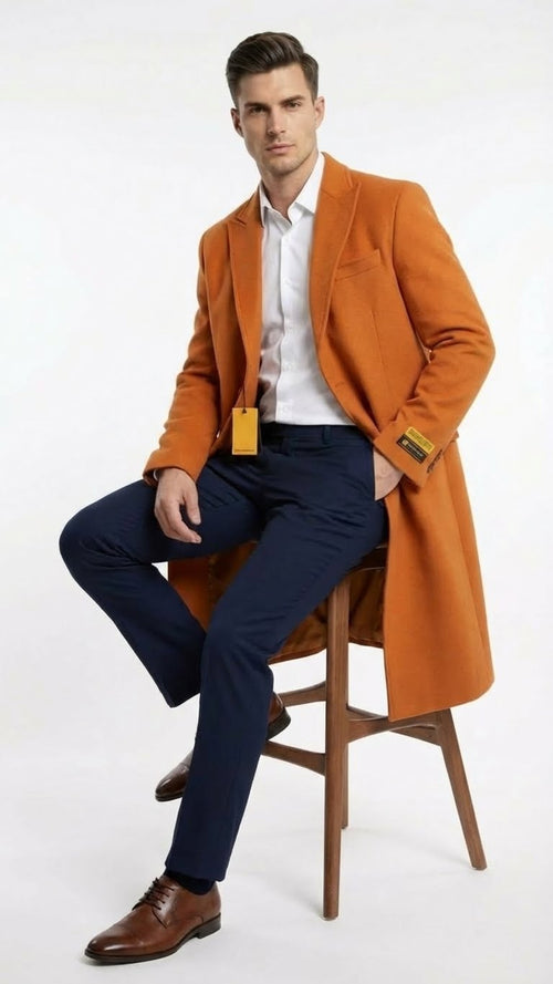 Mens Orange - Rust Wool Blend Long Overcoat Topcoat Carcoat Topcoat