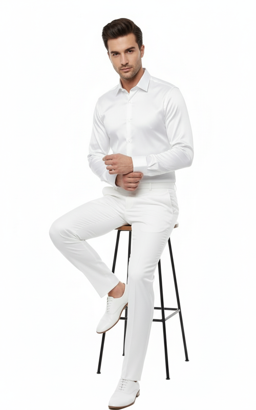 Mens White Satin Dress Shirt Classic Long Sleeve Formal Shirt for Weddings, Parties, and Business Wear