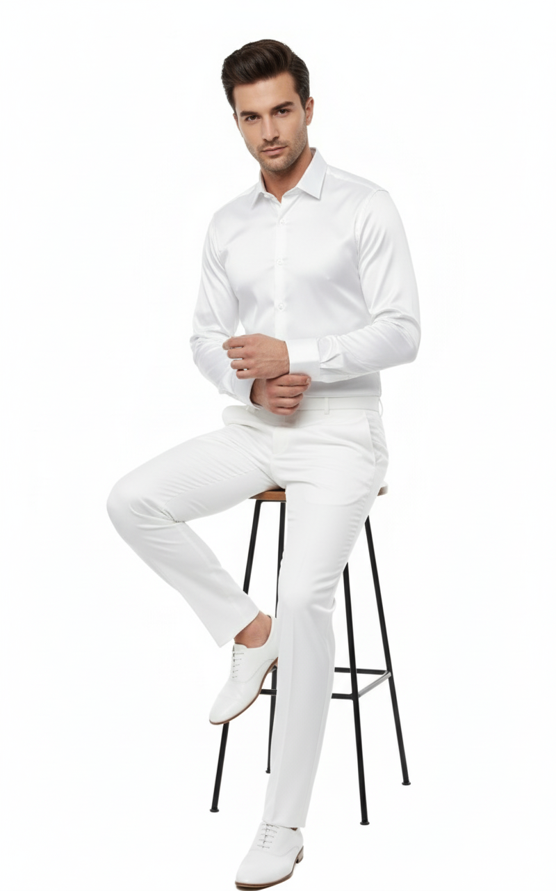 Men’s White Satin Dress Shirt – Classic Long Sleeve Formal Shirt for Weddings, Parties, and Business Wear - 15.5" Neck / 34–35" Sleeve
