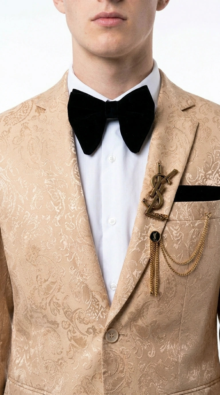 Men’s Champagne Gold Paisley Prom Tuxedo, Formal Dinner Suit for Prom, Weddings, Parties in Tan Color - 34 Short or Extra Small