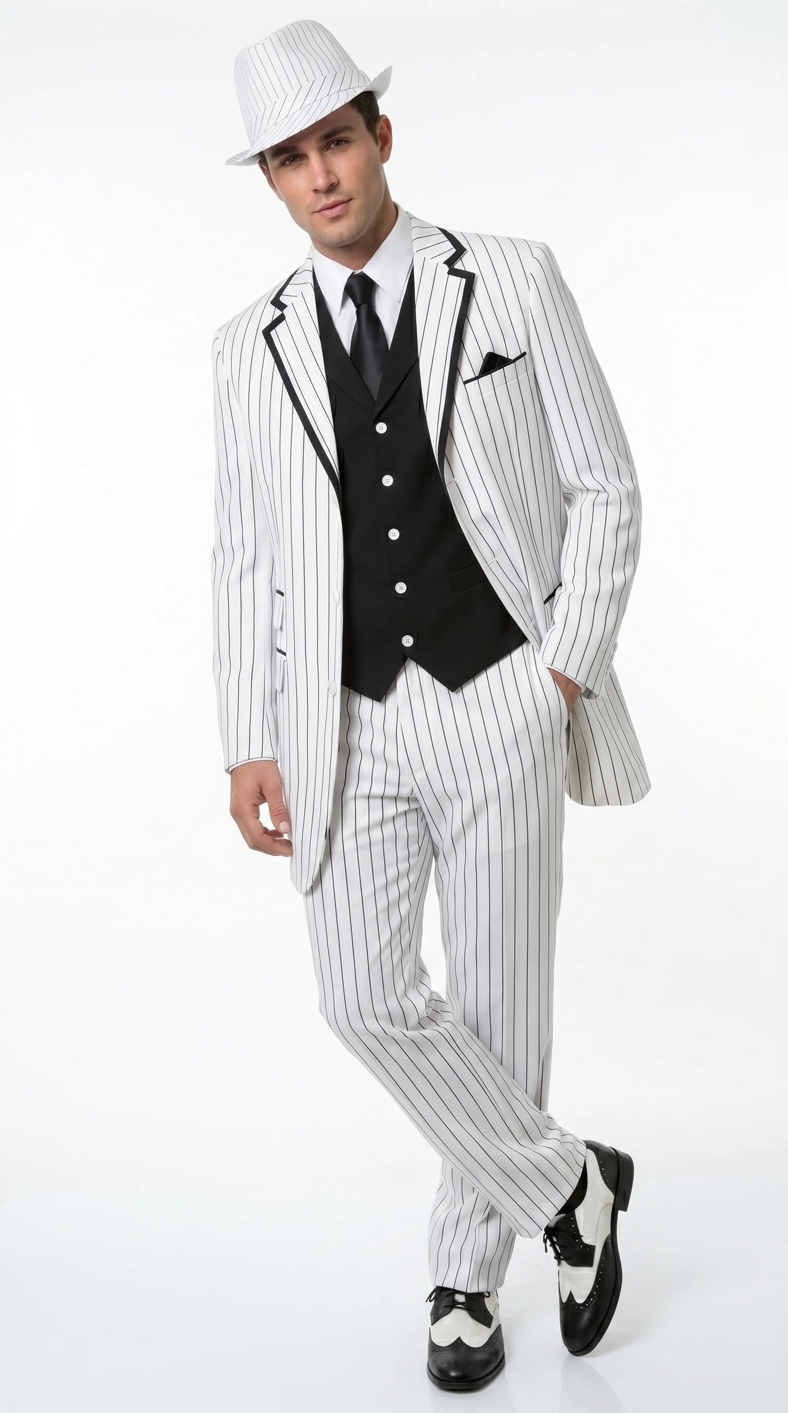 Men’s White Pinstripe 1920s Gangster 3 Piece Suit, Black Contrast Formal Costume Suit for Parties, Prom, Weddings, and Theme Events - 34 Short or Extra Small