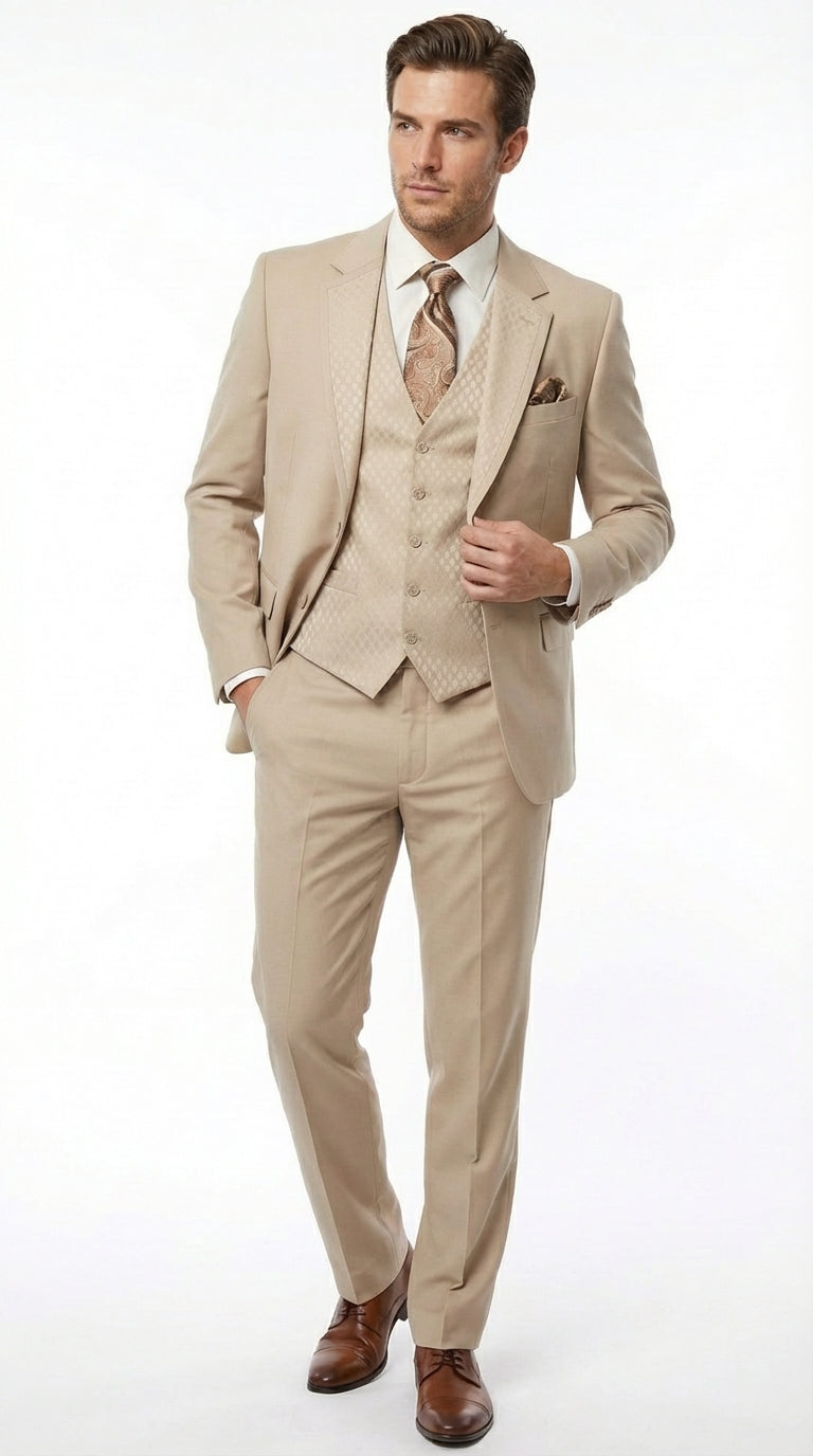 Men’s Tan Beige 3 Piece Tuxedo Suit – Beige Formal Suit Set with Vest, Patterned Lapel and Tie for Wedding, Prom in Tan Khaki Color - 34 Short or Extra Small