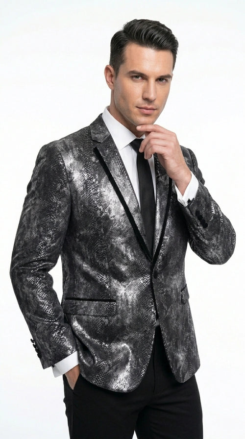 Men’s Black and Charcoal Gray Snakeskin Print Blazer, Animial Exotic Skin Alligator Crocodile Texture