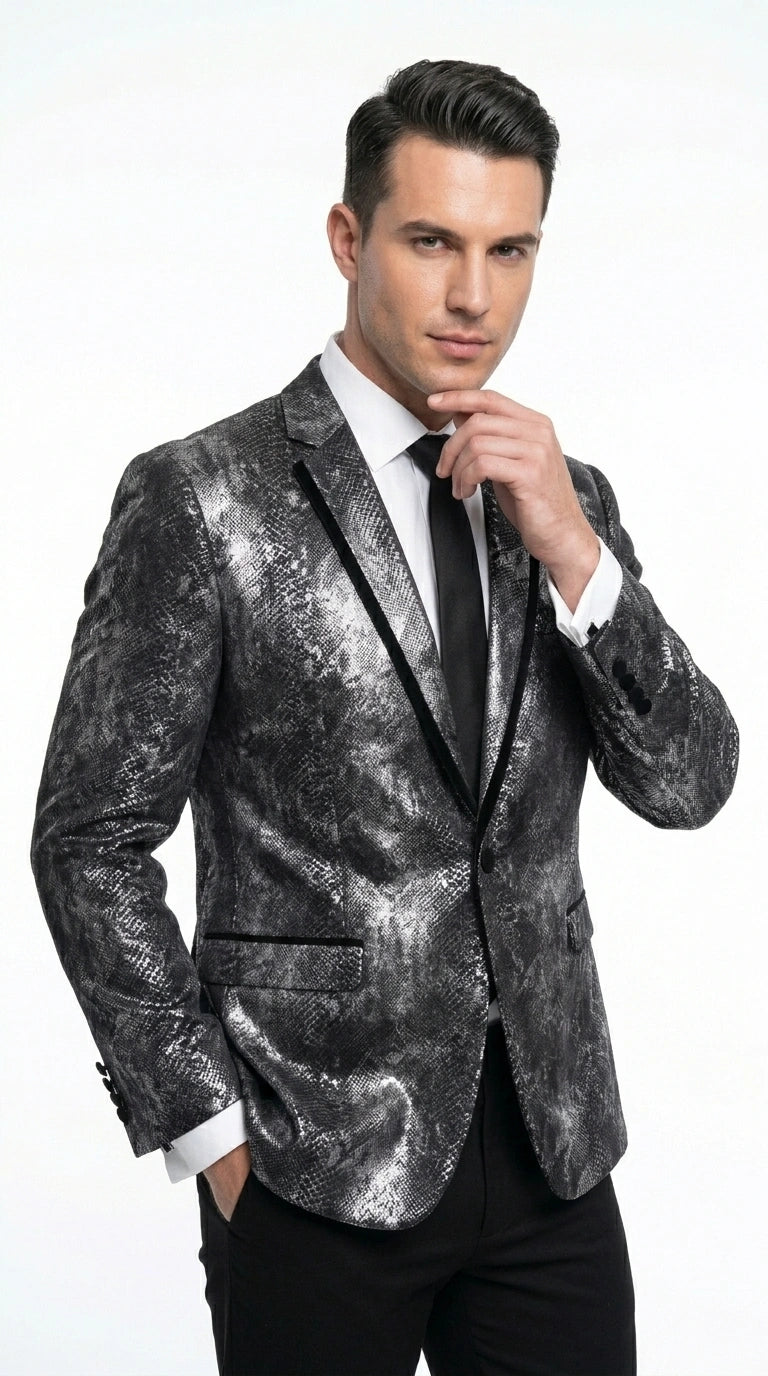 Men’s Black and Charcoal Gray Snakeskin Print Blazer, Animial Exotic Skin Alligator Crocodile Texture - 36 Short