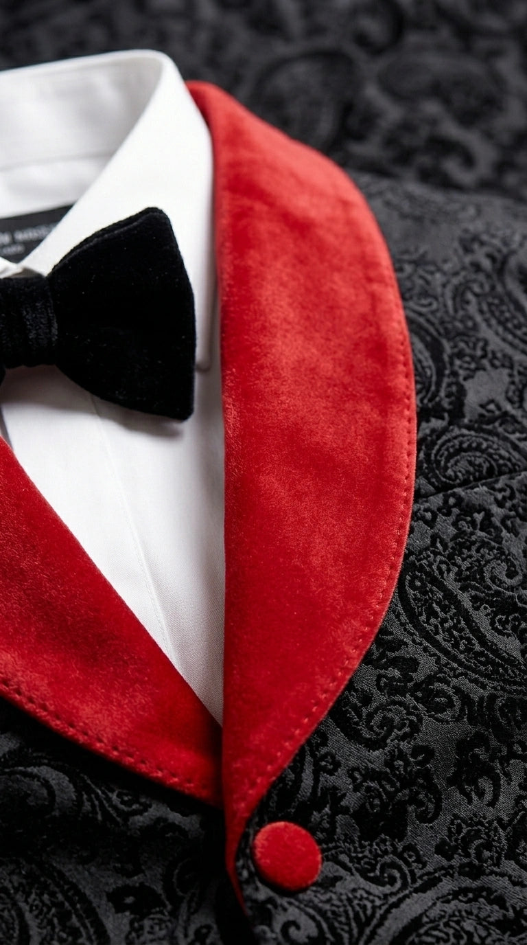 Men’s Black Paisley 2 Piece Suit with Red Shawl Lapel, Formal Wedding Prom Party Suit Set - 34 Short or Extra Small