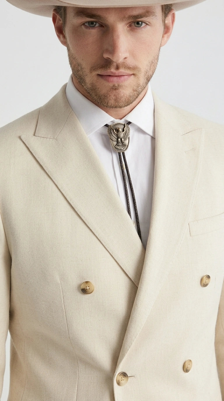 Men’s Tan Linen Cowboy Suit, Double Breasted Western Wedding Formal Western Suit Country style in Beige Tan Color - 34 Short or Extra Small