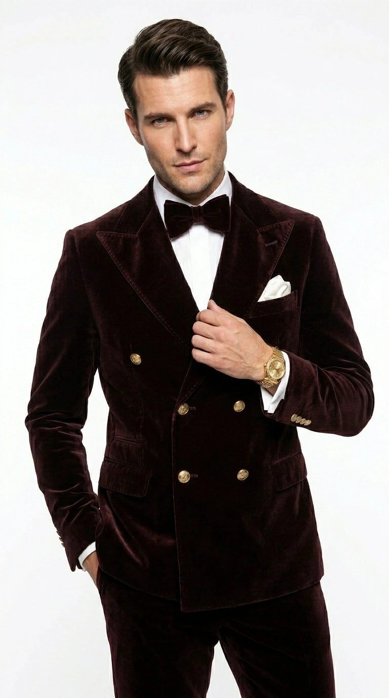 Men’s Dark Brown Velvet Blazer and Pants 2 Piece Suit, Double Breasted Formal Dinner Suit for Weddings, Prom - 34 Short or Extra Small