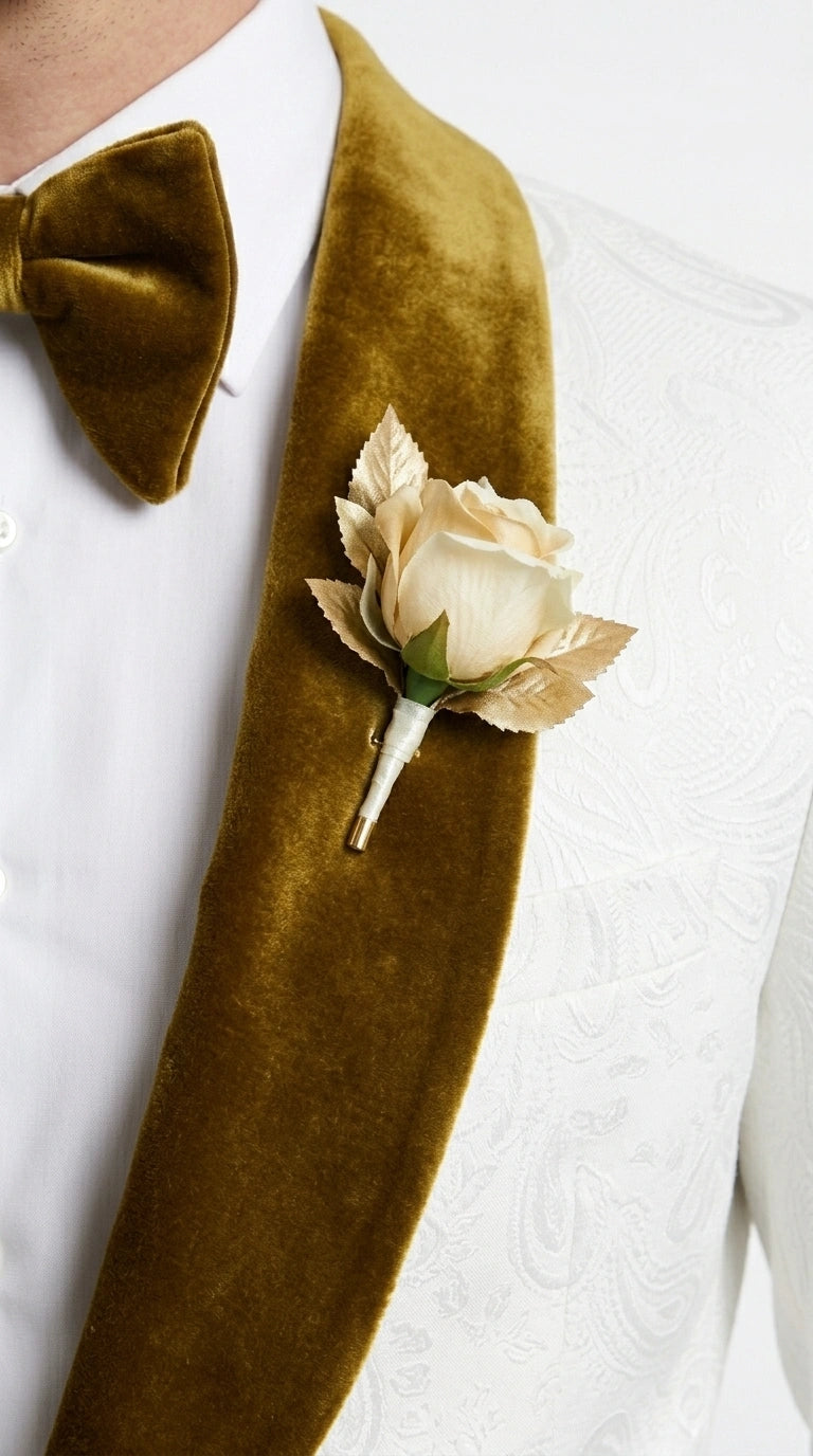 Men’s White Paisley 3 Piece With Vest Prom Tuxedo with Gold Velvet Shawl Lapel, Formal Wedding Suit Set - 34 Short or Extra Small