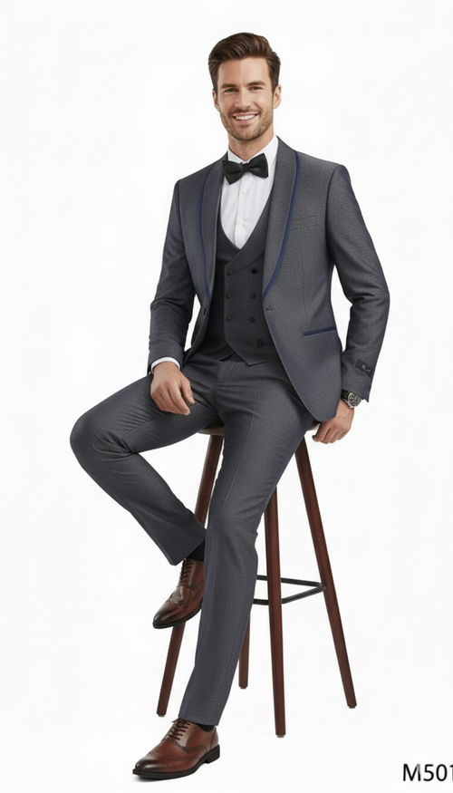 Mens Charcoal Gray with blue Trim Slim Fit 3-Piece Suit Modern Wedding and Business Formal Tuxedo Set
