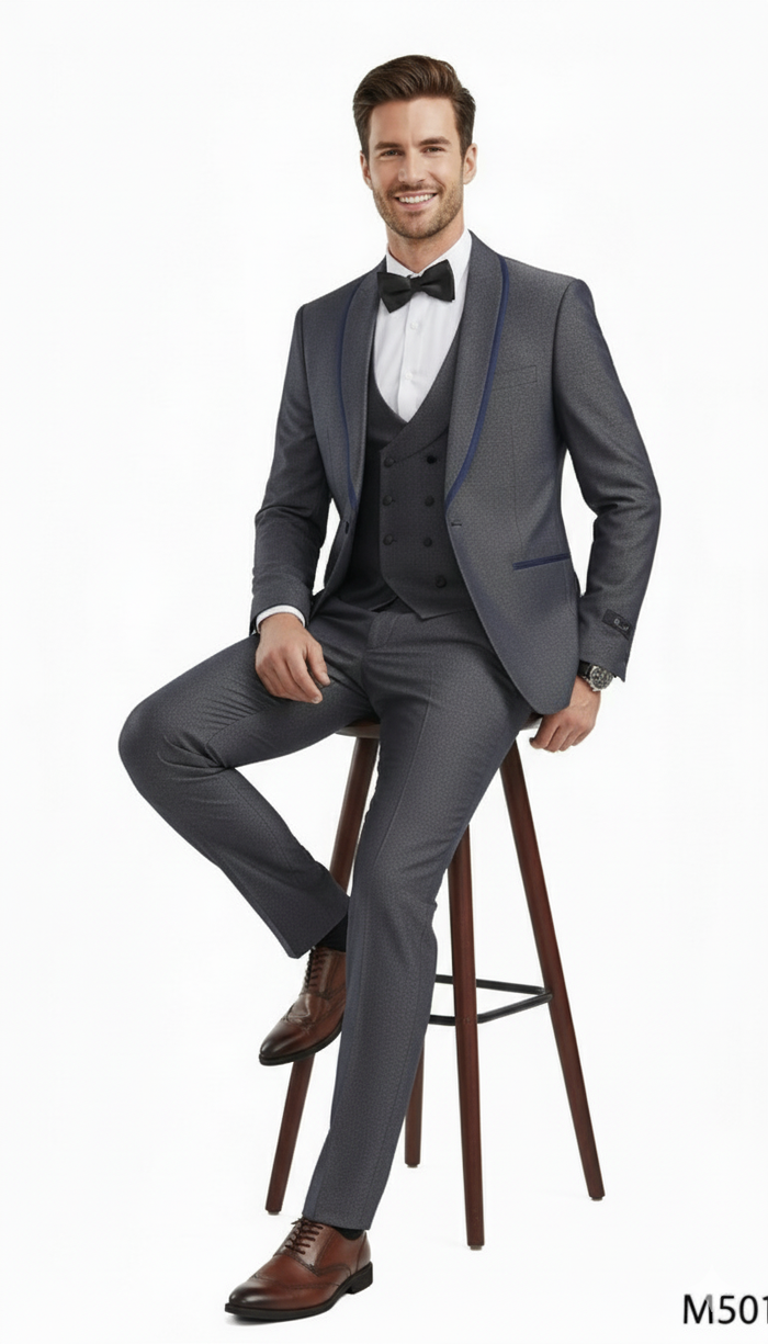 Mens Charcoal Gray with blue Trim Slim Fit 3-Piece Suit Modern Wedding and Business Formal Tuxedo Set