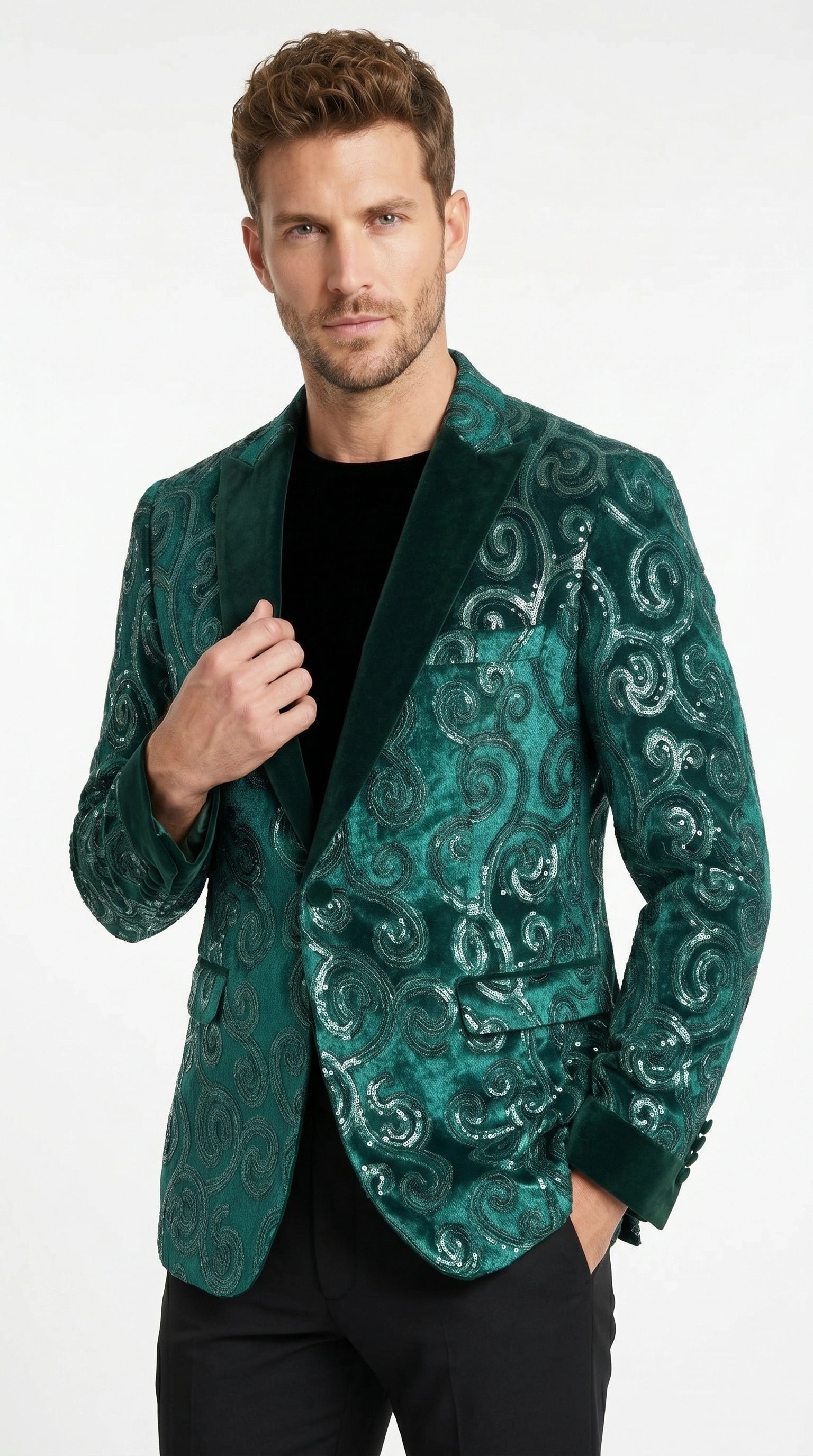 Men’s Emerald Green Paisley Tuxedo Dinner Jacket with Black Lapel, Formal Prom Wedding Party Blazer - 34 Short or Extra Small
