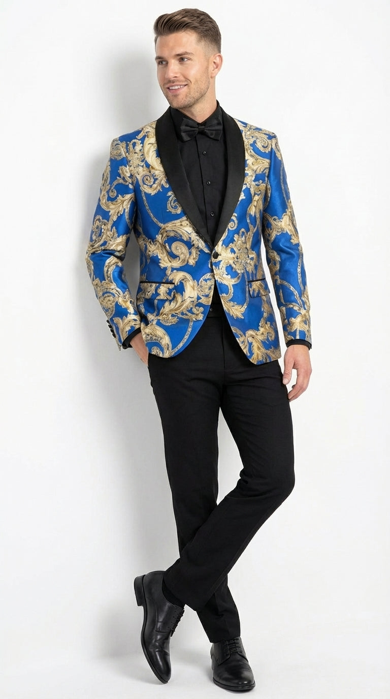 Men’s Royal Blue and Gold Blazer Jacket – Luxury Floral Pattern Tuxedo Blazer, Formal Party Wedding Dinner Jacket, Stylish Evening Wear - 36 Short