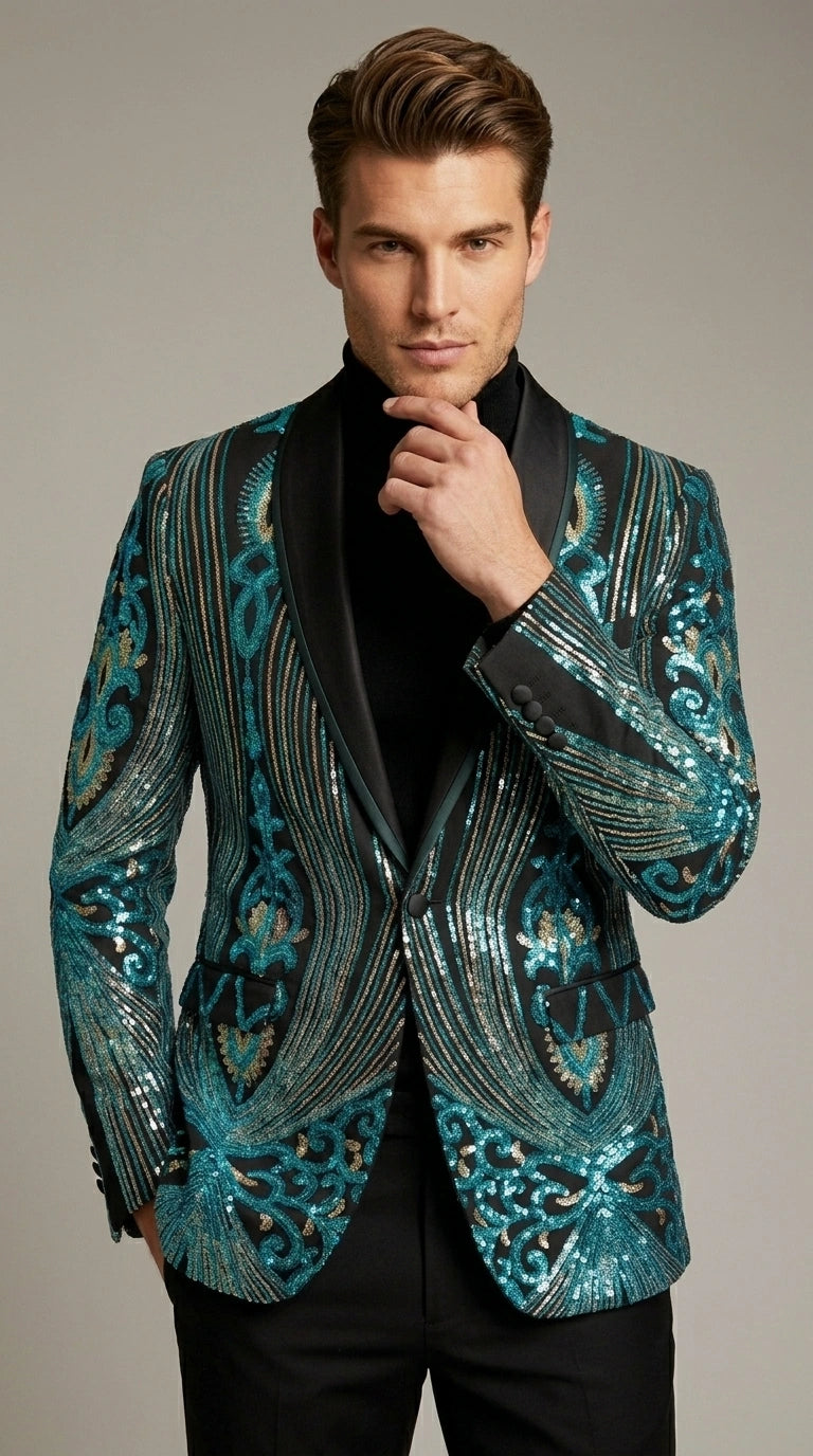 Men’s Black and Turquoise Blue With teal green Sequin Dinner Jacket, Formal Prom Wedding Paisley Floral Mardi Gra Pattern - 36 Short