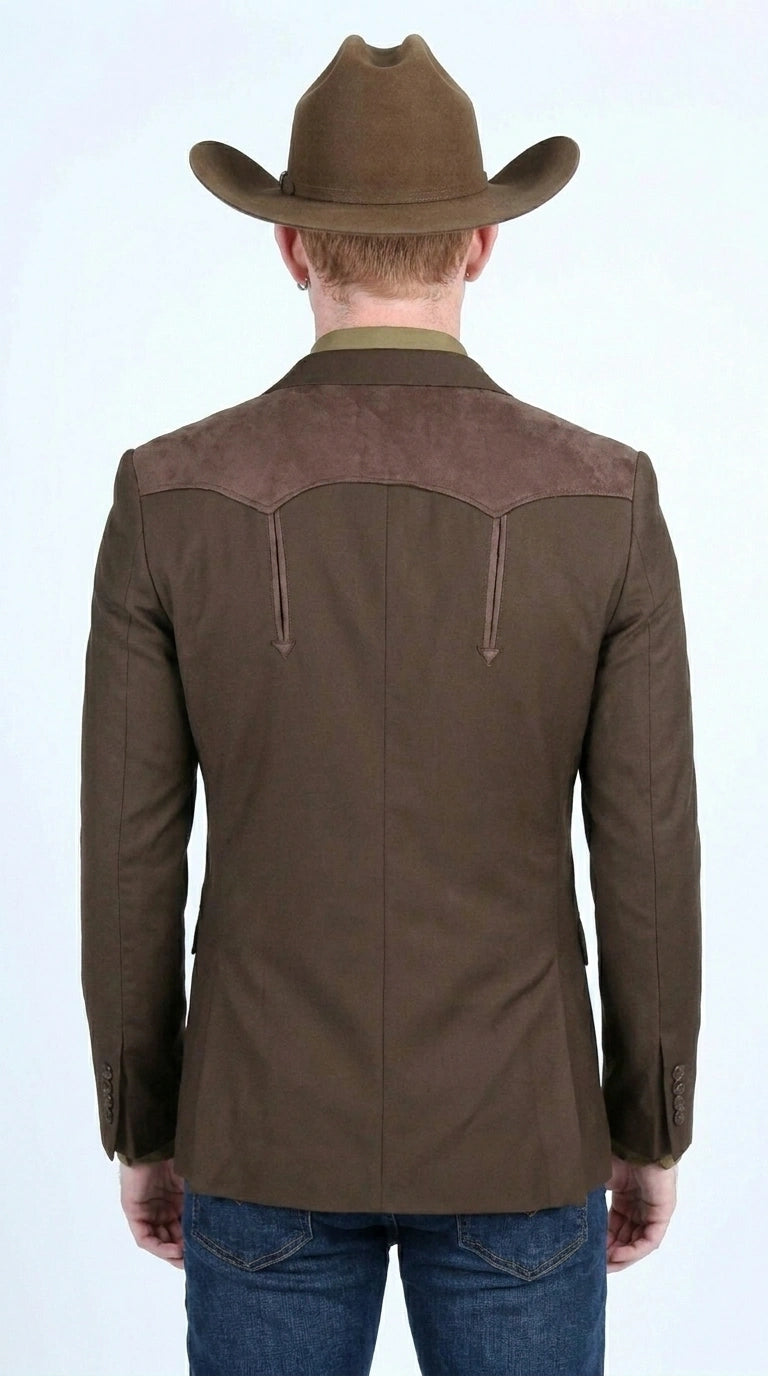 Men’s Dark Brown Western Blazer with Suede Yokes, Cowboy Sport Coat for Ranch Wedding and Country Events - 36 Short