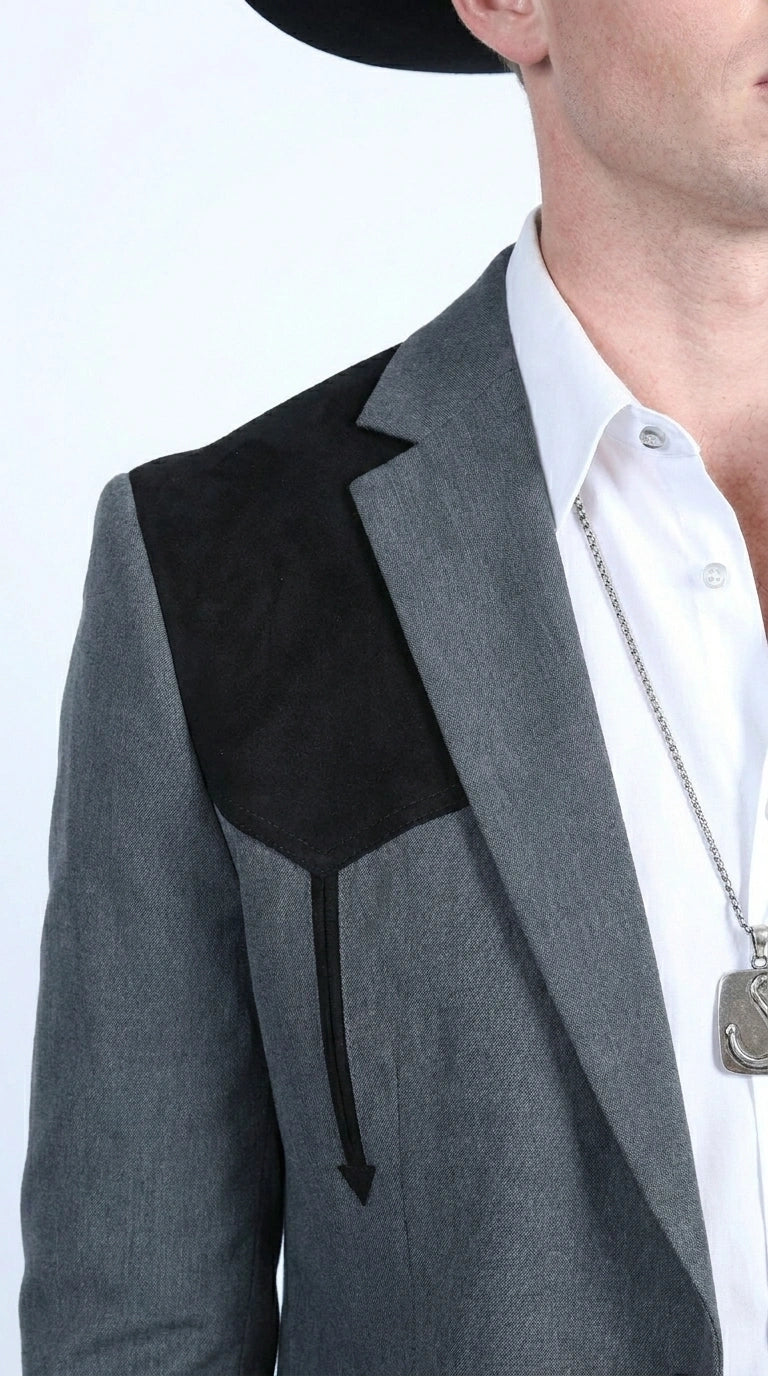 Men’s Dark Charcoal Western Blazer with Black Suede Yokes, Cowboy Sport Coat for Ranch Wedding and Country Events By Platini - 36 Short